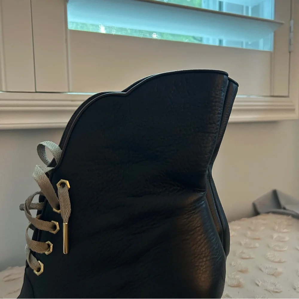 Chloe Wedge Lace Up Leather Heeled Ankle Boot Scallop Detail Black Leather 39 - Picture 4 of 15